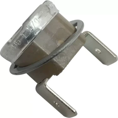 The Saeco 180.427.500 170 °C Thermostat - 15 amp is a metal and plastic snap disc switch with two flat terminals, ideal for temperature control in appliances. © 2025 1st-line.com